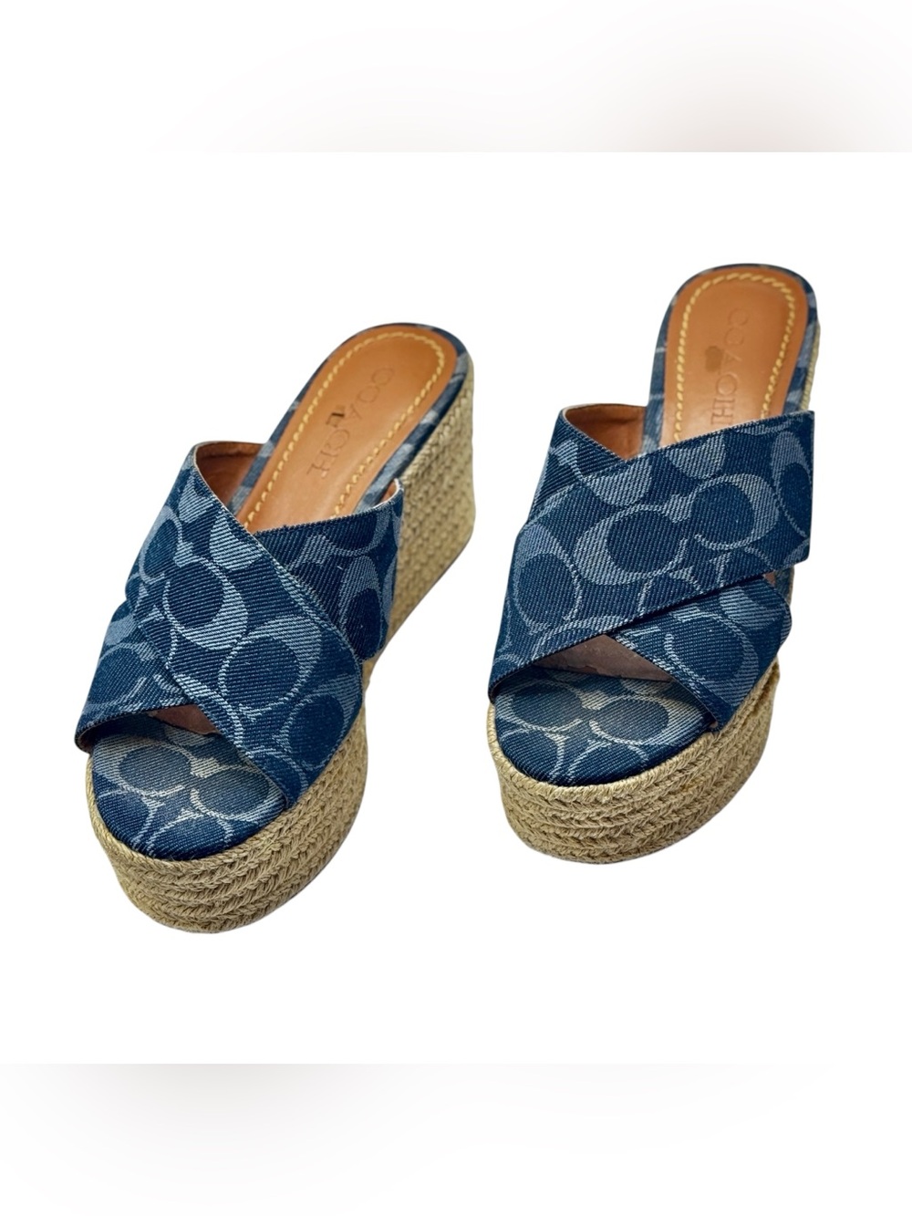 Coach-Denim Monogram Wedge Espadrille-slides 3" wedge heel size US 6B, EU 36.5